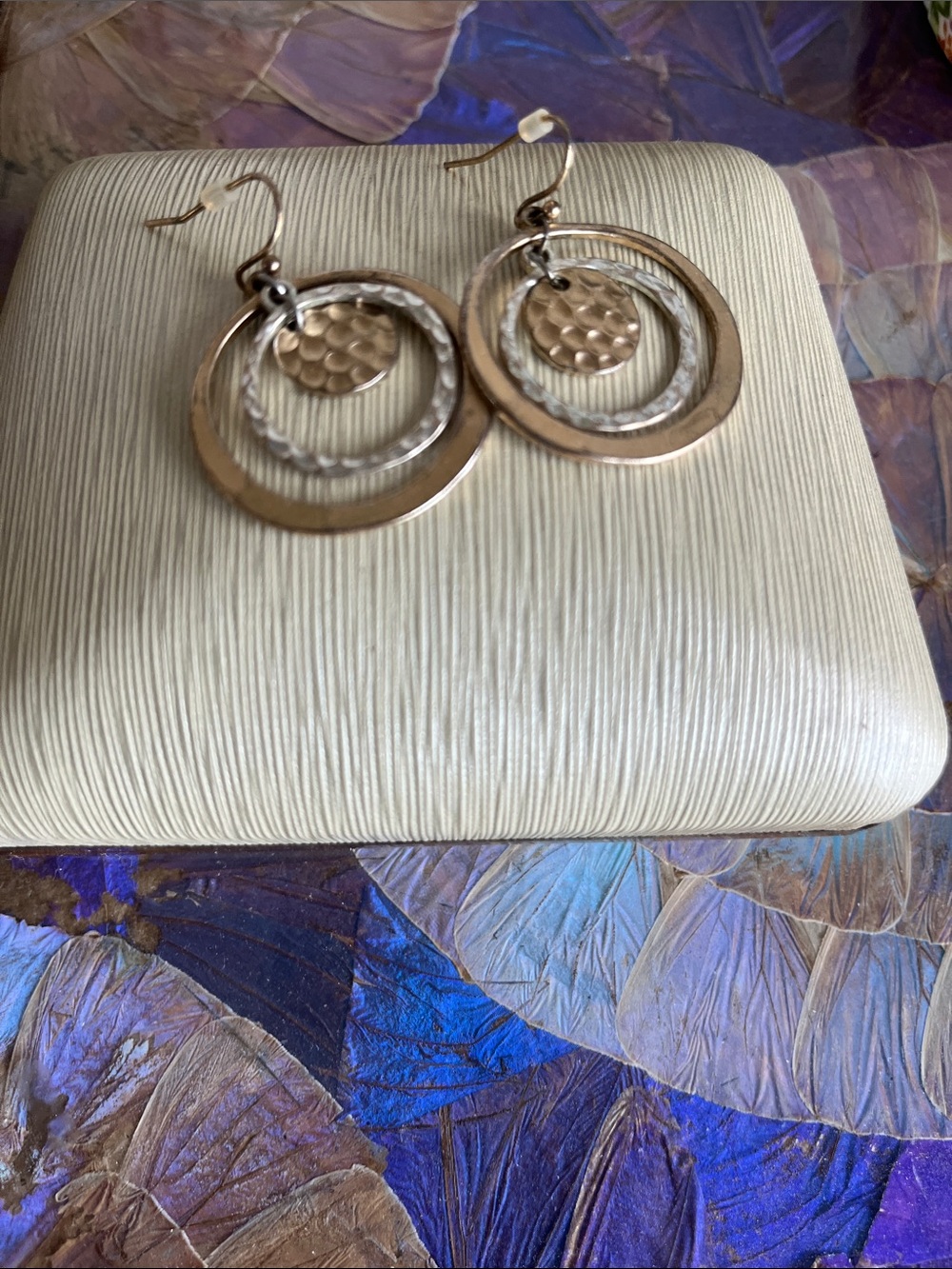 Silver Gold Tone Hammered Hoop Drop Earrings